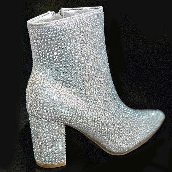 New Women Sparkle Silver Rhinestone Blingy Pointed Toe Ankle Boots Booties - Picture 3 of 4